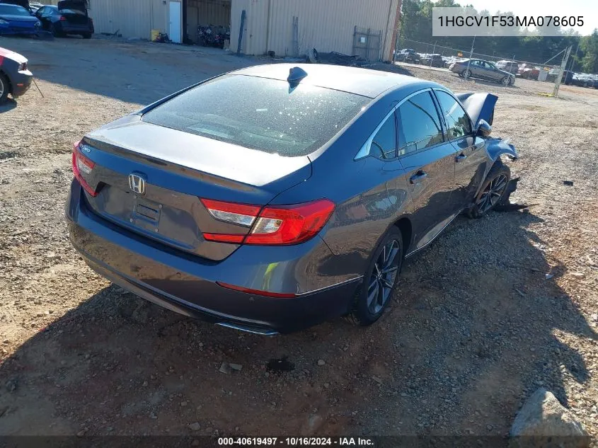 2021 Honda Accord Ex-L VIN: 1HGCV1F53MA078605 Lot: 40619497