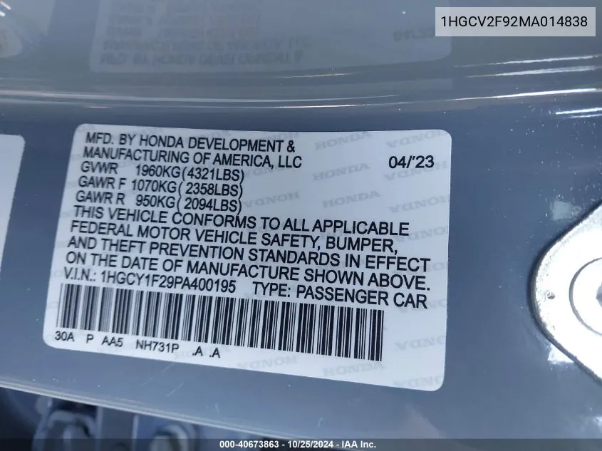 2021 Honda Accord Touring VIN: 1HGCV2F92MA014838 Lot: 40673863