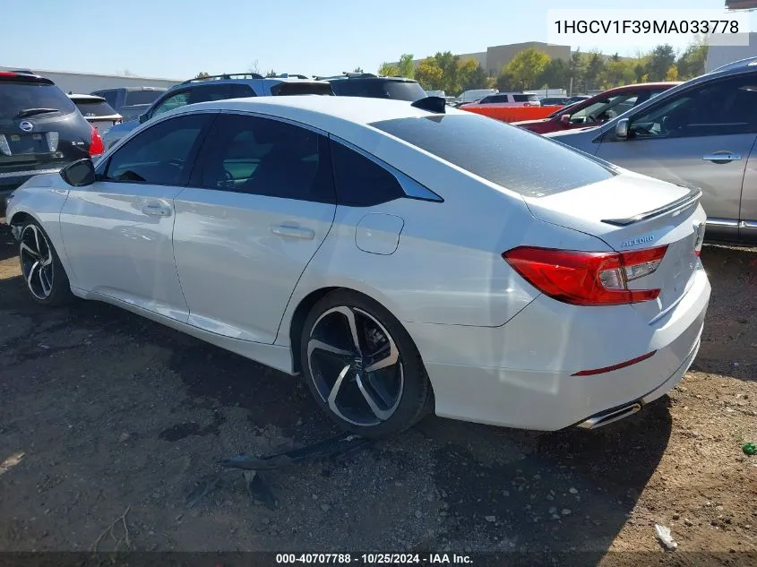 2021 Honda Accord Sport VIN: 1HGCV1F39MA033778 Lot: 40707788