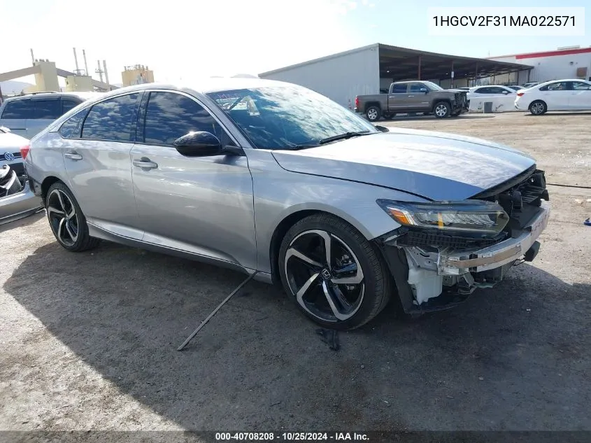 2021 Honda Accord Sport 2.0T VIN: 1HGCV2F31MA022571 Lot: 40708208