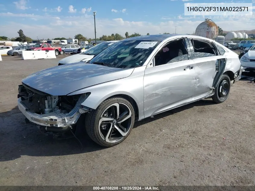 2021 Honda Accord Sport 2.0T VIN: 1HGCV2F31MA022571 Lot: 40708208