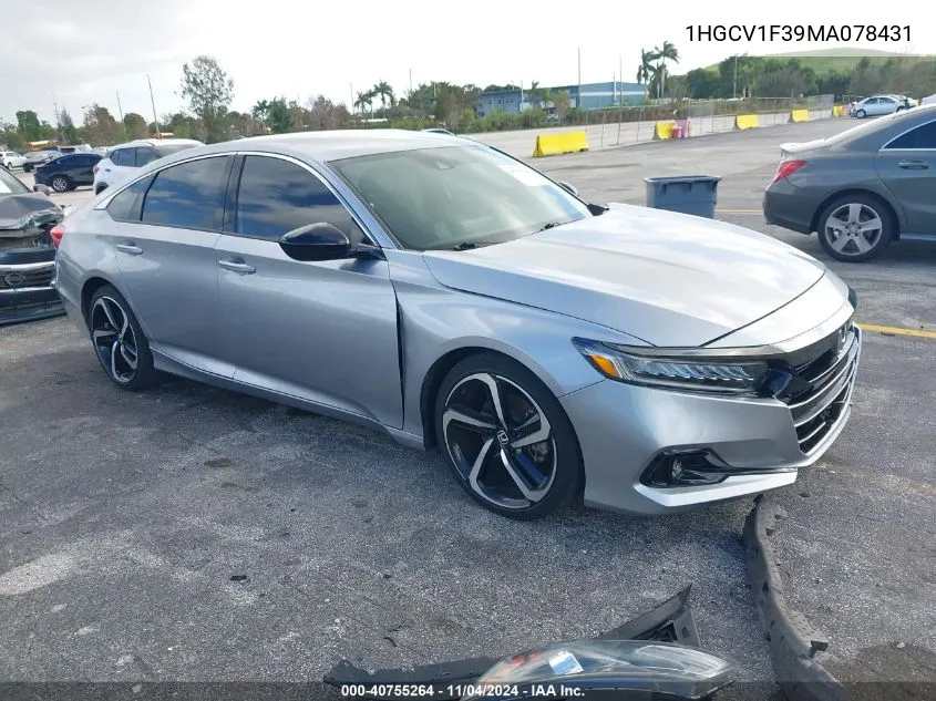 2021 Honda Accord Sport VIN: 1HGCV1F39MA078431 Lot: 40755264