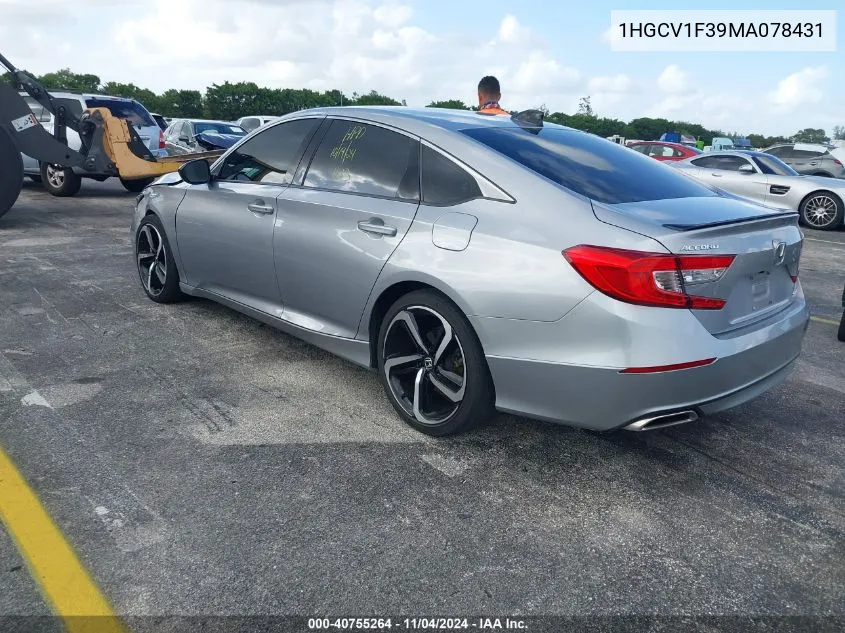 2021 Honda Accord Sport VIN: 1HGCV1F39MA078431 Lot: 40755264