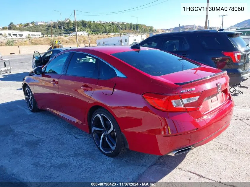 2021 Honda Accord Sport VIN: 1HGCV1F30MA078060 Lot: 40790423