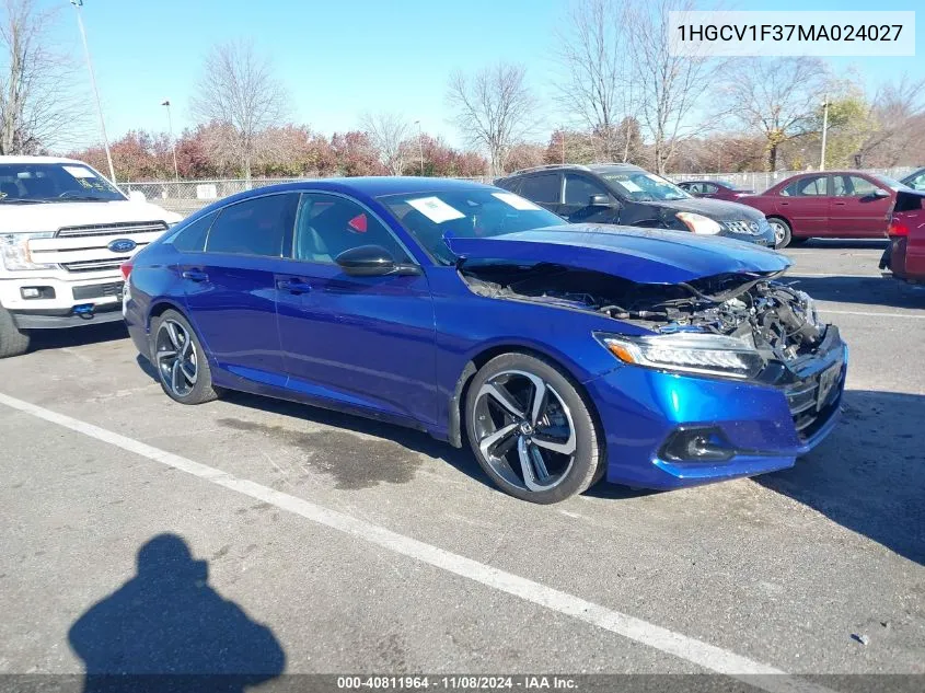 2021 Honda Accord Sport VIN: 1HGCV1F37MA024027 Lot: 40811964