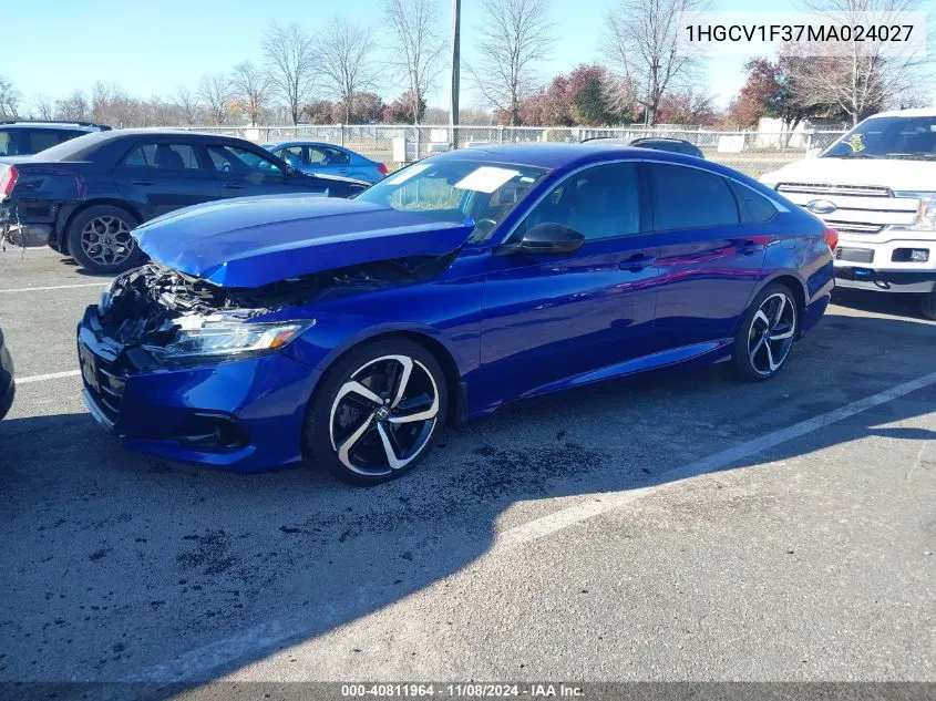 2021 Honda Accord Sport VIN: 1HGCV1F37MA024027 Lot: 40811964