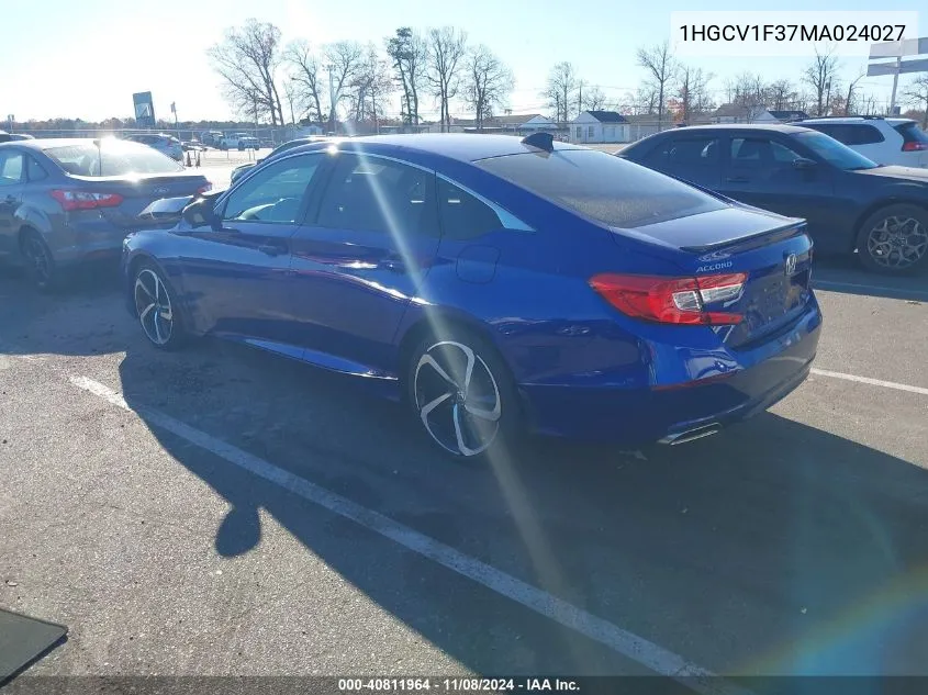 2021 Honda Accord Sport VIN: 1HGCV1F37MA024027 Lot: 40811964