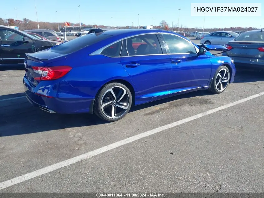 2021 Honda Accord Sport VIN: 1HGCV1F37MA024027 Lot: 40811964