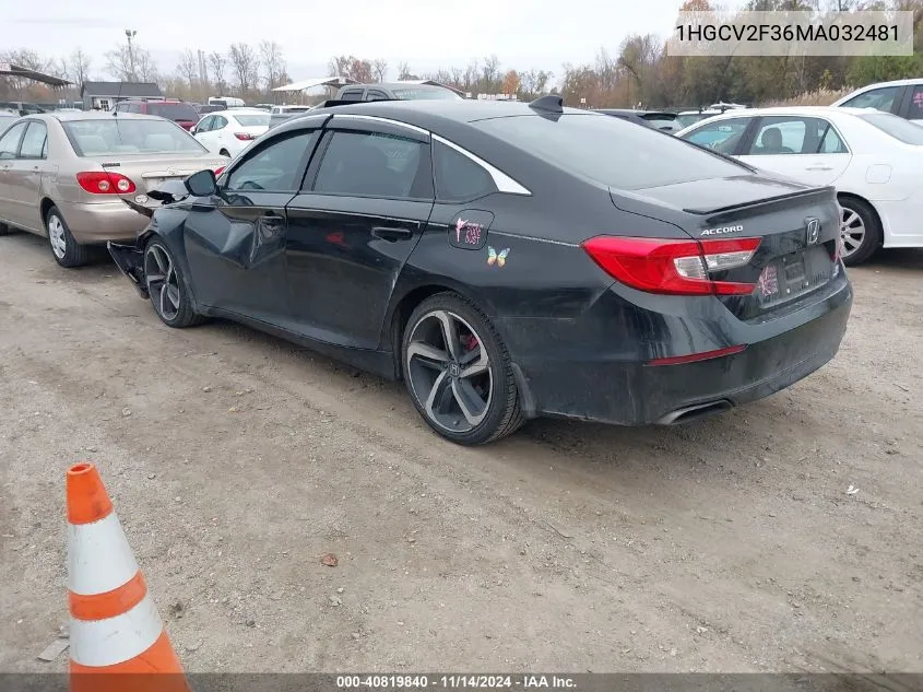 2021 Honda Accord Sport 2.0T VIN: 1HGCV2F36MA032481 Lot: 40819840