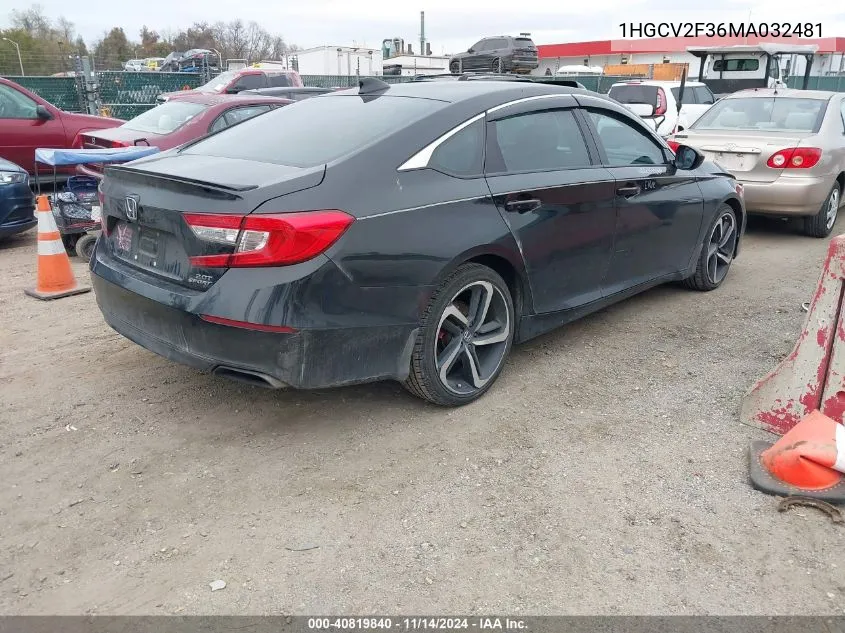 2021 Honda Accord Sport 2.0T VIN: 1HGCV2F36MA032481 Lot: 40819840