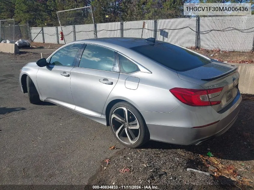 2021 Honda Accord Sport VIN: 1HGCV1F30MA006436 Lot: 40834833