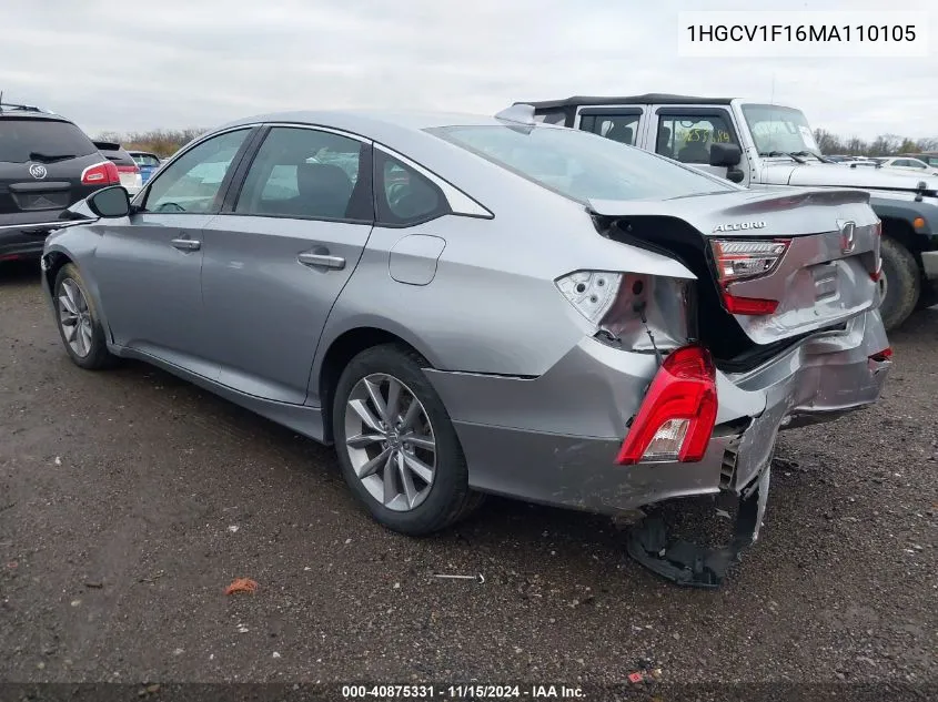 2021 Honda Accord Lx VIN: 1HGCV1F16MA110105 Lot: 40875331