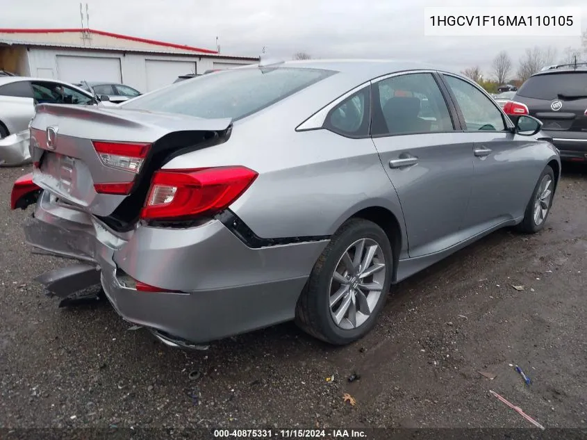 2021 Honda Accord Lx VIN: 1HGCV1F16MA110105 Lot: 40875331