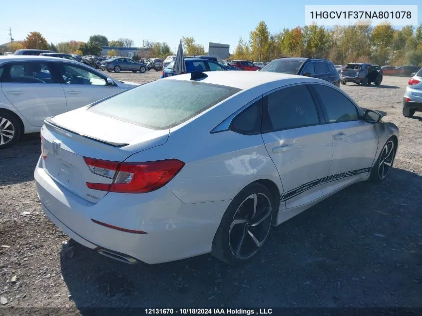 2022 Honda Accord Sedan VIN: 1HGCV1F37NA801078 Lot: 12131670