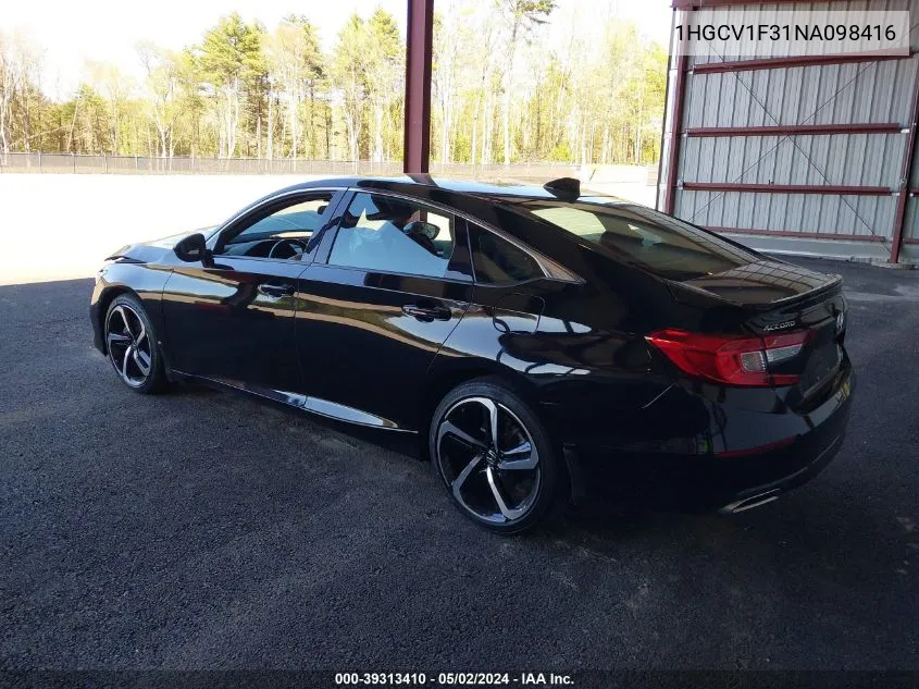 2022 Honda Accord Sport VIN: 1HGCV1F31NA098416 Lot: 39313410