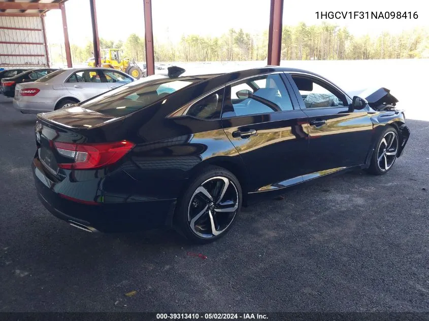 2022 Honda Accord Sport VIN: 1HGCV1F31NA098416 Lot: 39313410