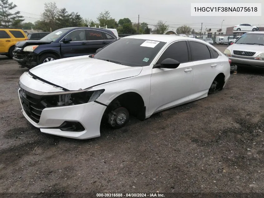 2022 Honda Accord Sport VIN: 1HGCV1F38NA075618 Lot: 39316588