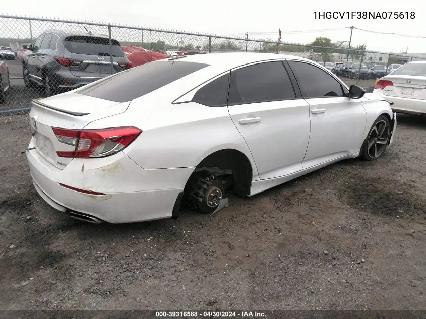 2022 Honda Accord Sport VIN: 1HGCV1F38NA075618 Lot: 39316588