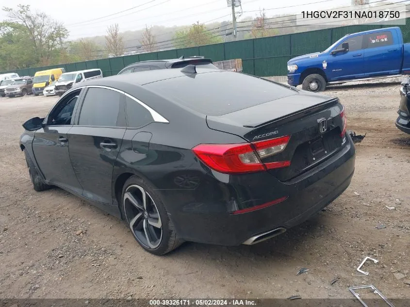 2022 Honda Accord Sport 2.0T VIN: 1HGCV2F31NA018750 Lot: 39326171