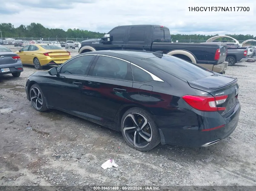 2022 Honda Accord Sport VIN: 1HGCV1F37NA117700 Lot: 39451469