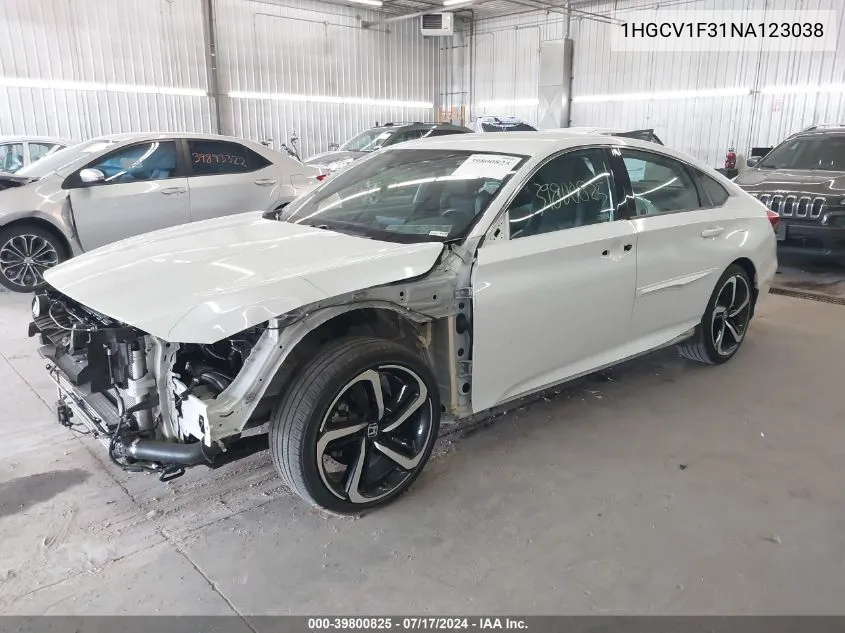 2022 Honda Accord Sport VIN: 1HGCV1F31NA123038 Lot: 39800825