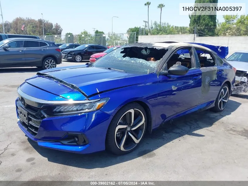 2022 Honda Accord Sport 2.0T VIN: 1HGCV2F31NA005397 Lot: 39802162