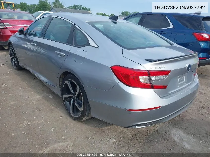 2022 Honda Accord Hybrid Sport VIN: 1HGCV3F20NA027792 Lot: 39851499