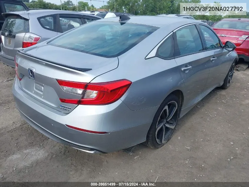 2022 Honda Accord Hybrid Sport VIN: 1HGCV3F20NA027792 Lot: 39851499