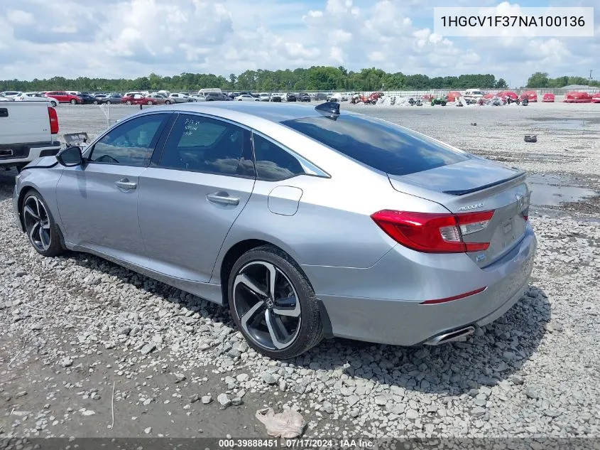 2022 Honda Accord Sport VIN: 1HGCV1F37NA100136 Lot: 39888451