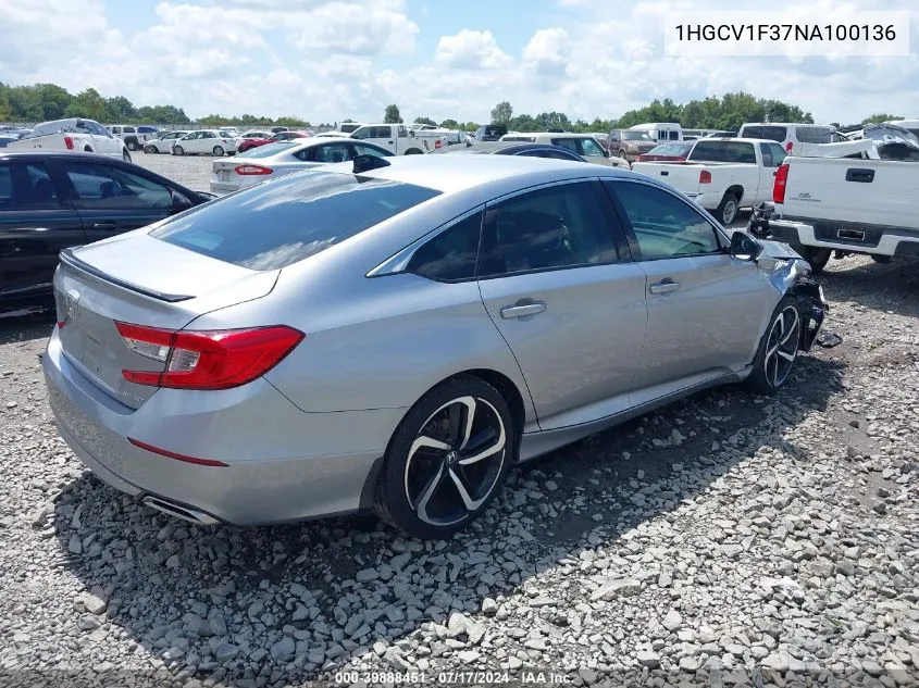 2022 Honda Accord Sport VIN: 1HGCV1F37NA100136 Lot: 39888451