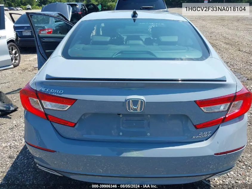 2022 Honda Accord Sport 2.0T VIN: 1HGCV2F33NA018104 Lot: 39986346