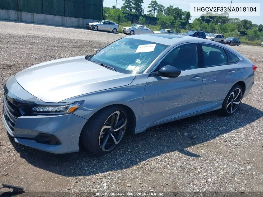 2022 Honda Accord Sport 2.0T VIN: 1HGCV2F33NA018104 Lot: 39986346