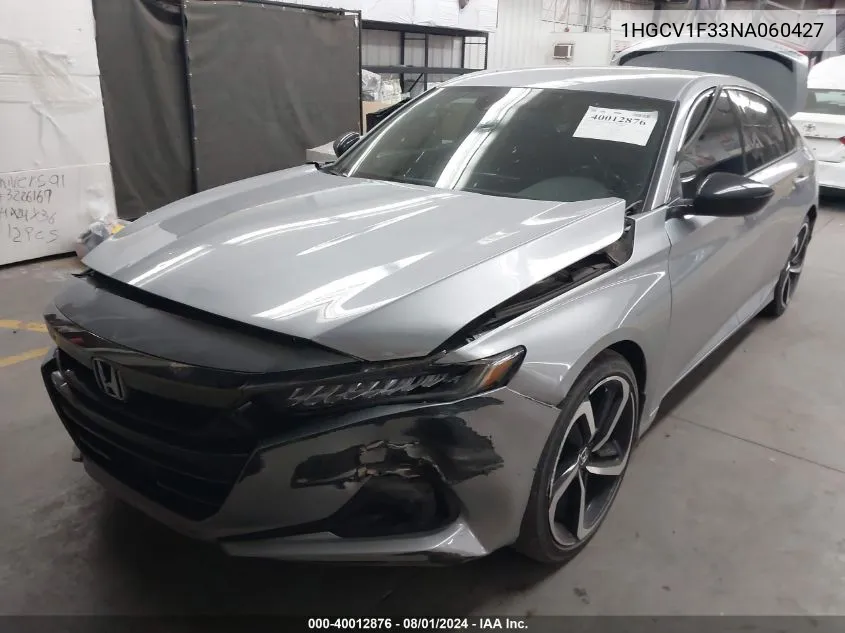 2022 Honda Accord Sport VIN: 1HGCV1F33NA060427 Lot: 40012876