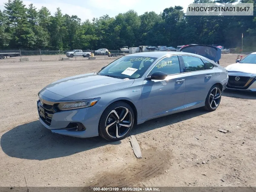 2022 Honda Accord Hybrid Sport VIN: 1HGCV3F21NA018647 Lot: 40013199