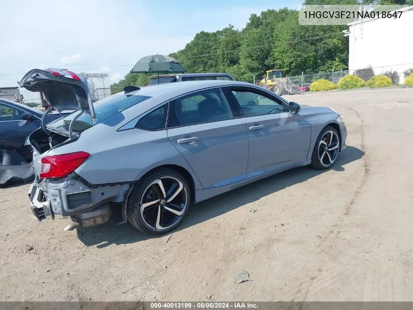 2022 Honda Accord Hybrid Sport VIN: 1HGCV3F21NA018647 Lot: 40013199