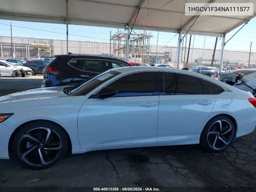 2022 Honda Accord Sport VIN: 1HGCV1F34NA111577 Lot: 40013358