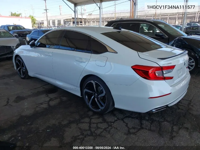 2022 Honda Accord Sport VIN: 1HGCV1F34NA111577 Lot: 40013358