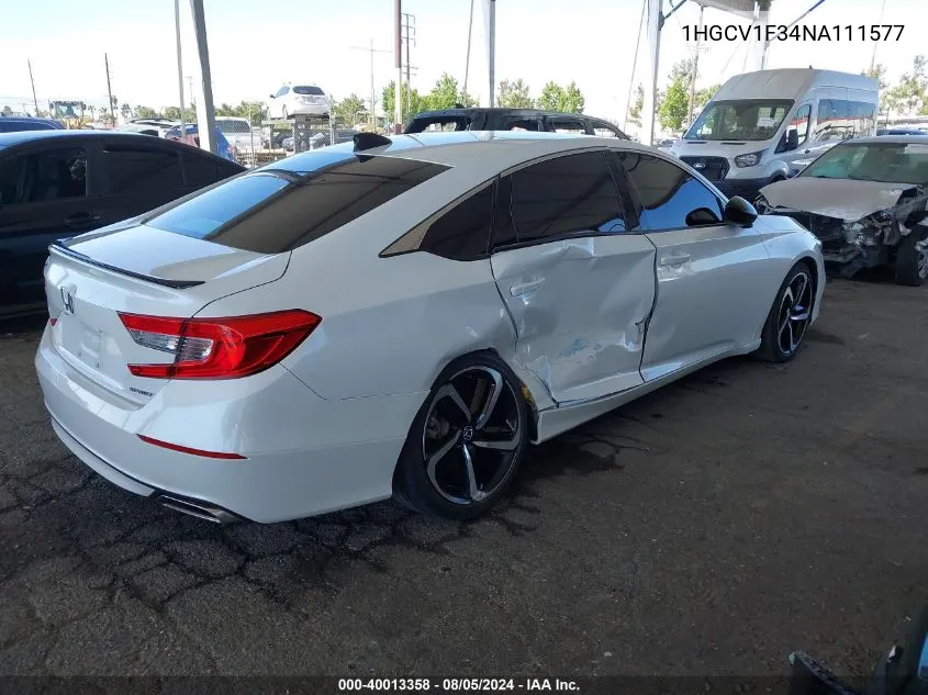 2022 Honda Accord Sport VIN: 1HGCV1F34NA111577 Lot: 40013358