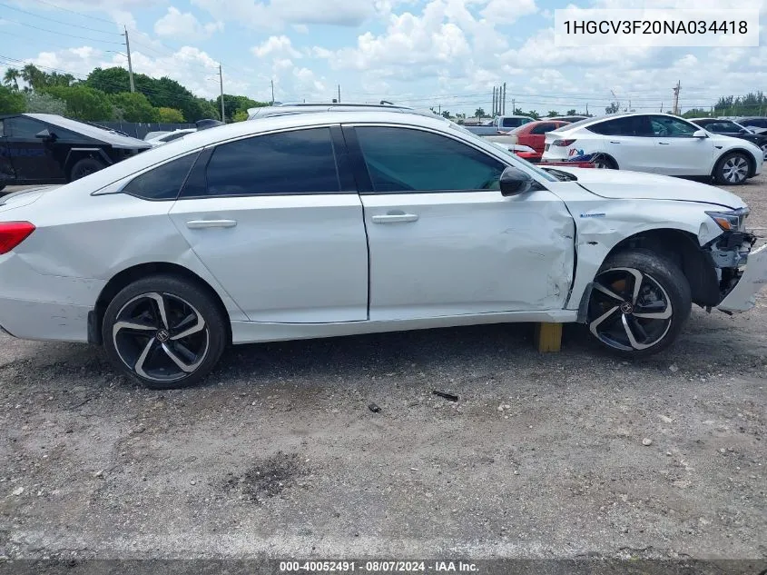 2022 Honda Accord Hybrid Sport VIN: 1HGCV3F20NA034418 Lot: 40052491