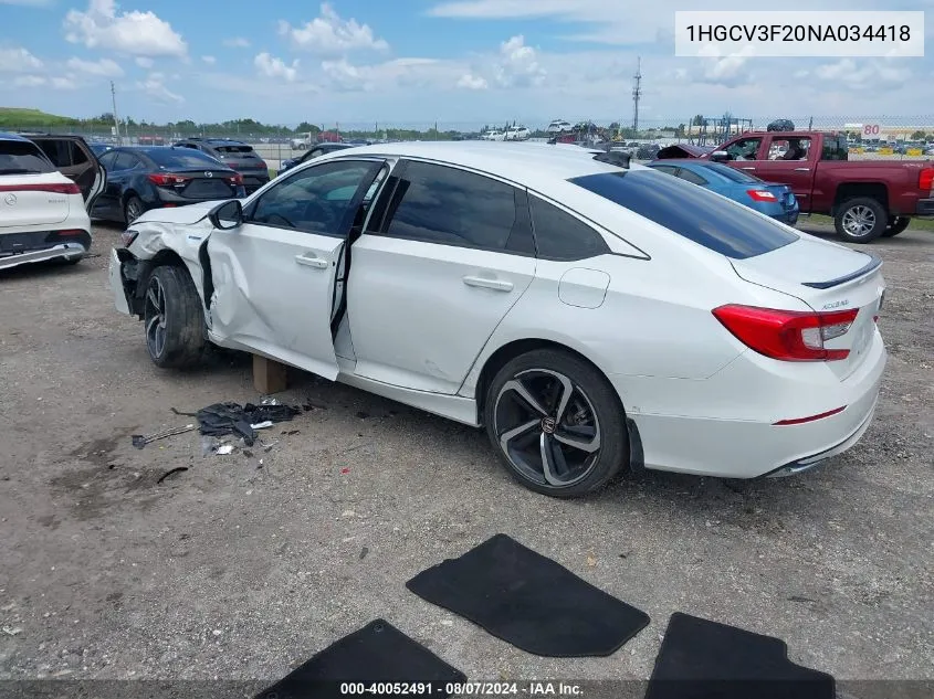 2022 Honda Accord Hybrid Sport VIN: 1HGCV3F20NA034418 Lot: 40052491