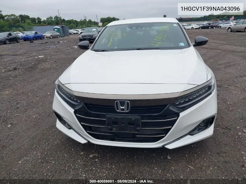 2022 Honda Accord Sport VIN: 1HGCV1F39NA043096 Lot: 40059881