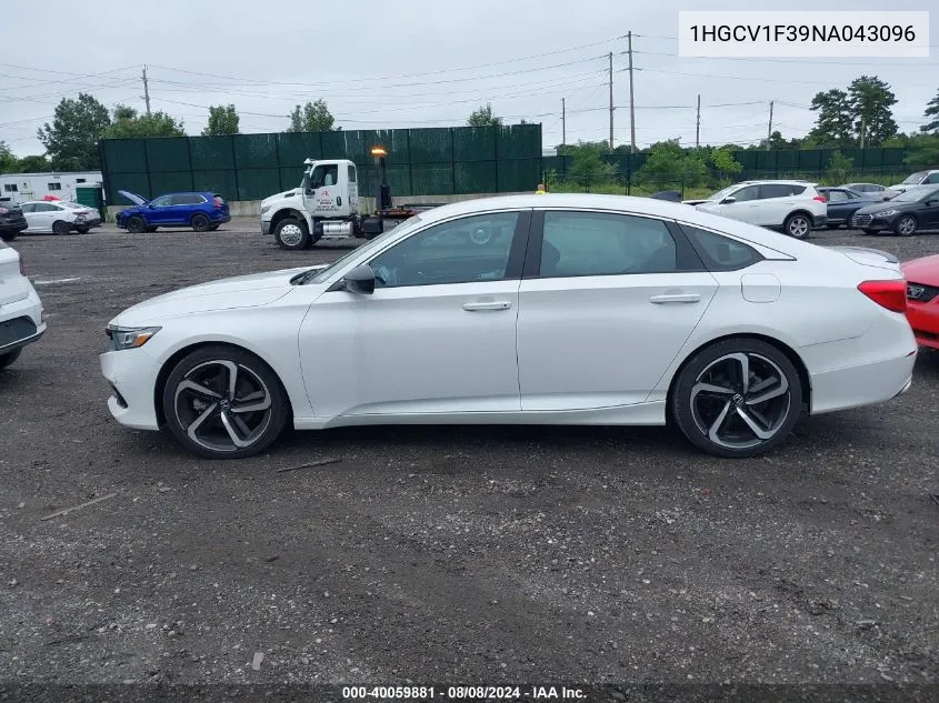 2022 Honda Accord Sport VIN: 1HGCV1F39NA043096 Lot: 40059881