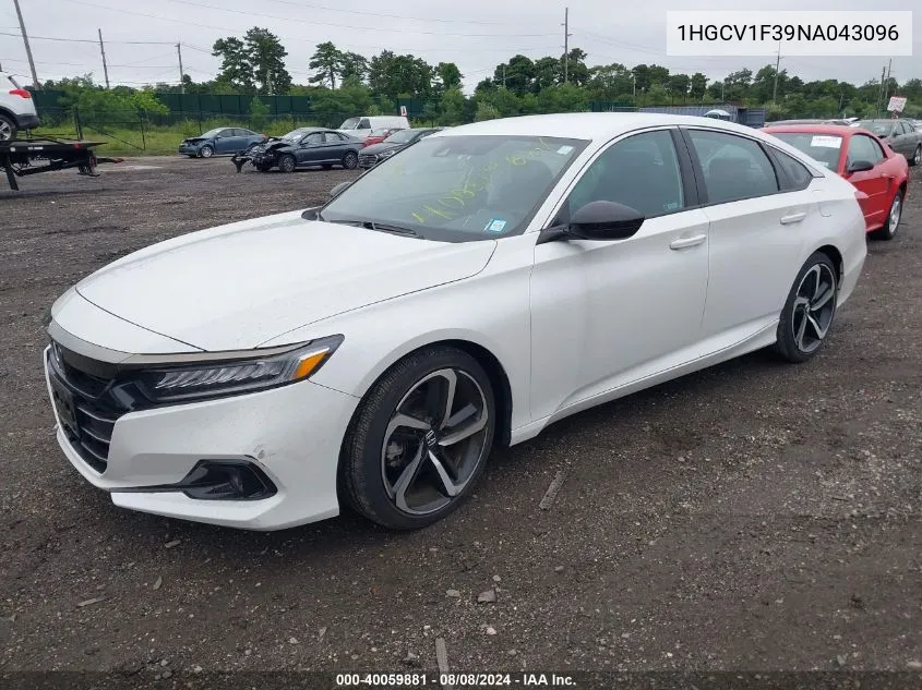 2022 Honda Accord Sport VIN: 1HGCV1F39NA043096 Lot: 40059881