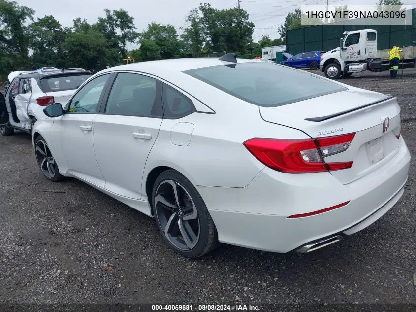 2022 Honda Accord Sport VIN: 1HGCV1F39NA043096 Lot: 40059881