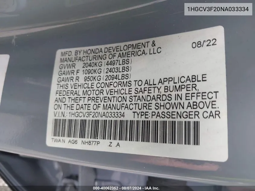 2022 Honda Accord Hybrid Sport VIN: 1HGCV3F20NA033334 Lot: 40062352