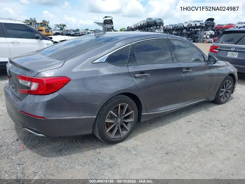 2022 Honda Accord Ex-L VIN: 1HGCV1F52NA024987 Lot: 40074158