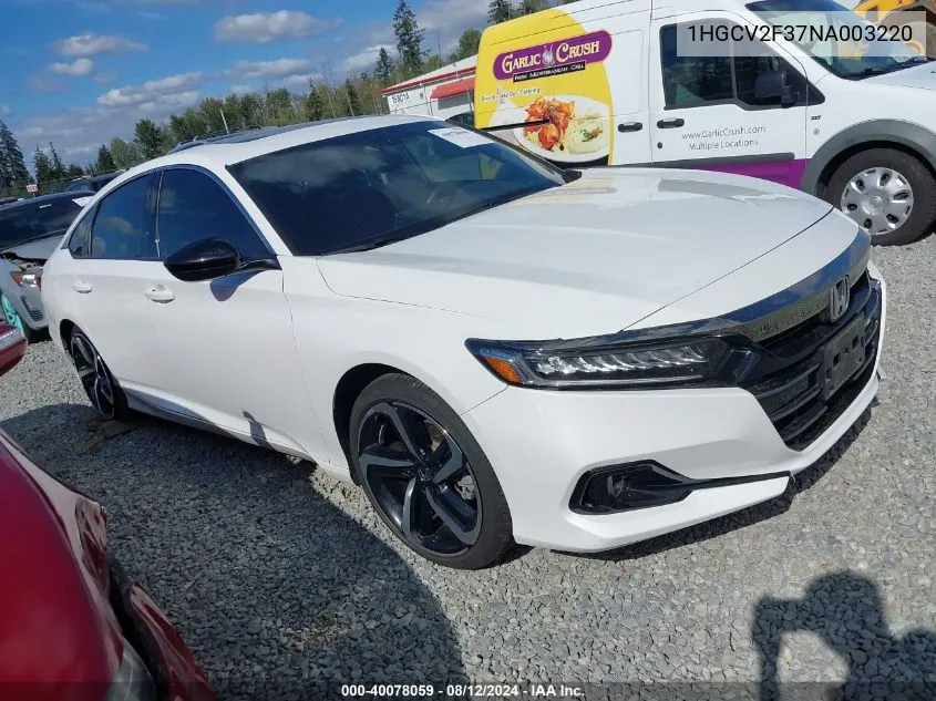 2022 Honda Accord Sport 2.0T VIN: 1HGCV2F37NA003220 Lot: 40078059