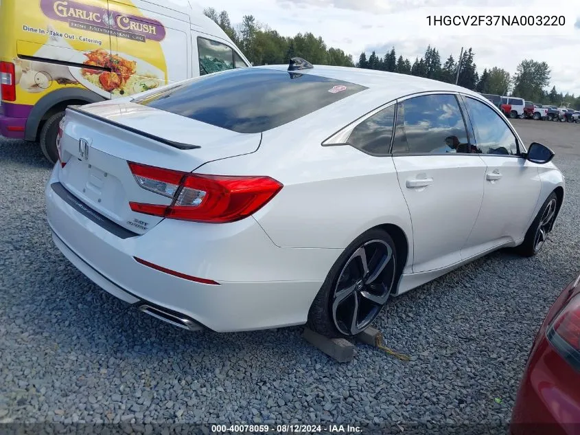 2022 Honda Accord Sport 2.0T VIN: 1HGCV2F37NA003220 Lot: 40078059