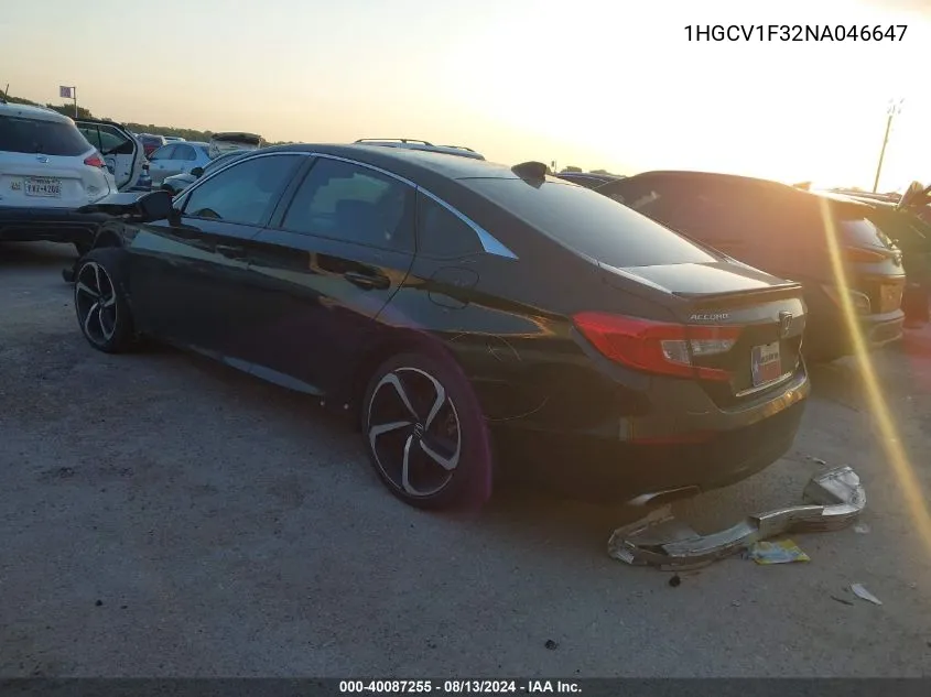 2022 Honda Accord Sport VIN: 1HGCV1F32NA046647 Lot: 40087255