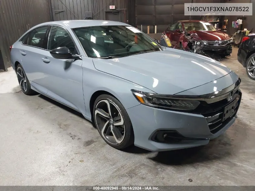 2022 Honda Accord Sport VIN: 1HGCV1F3XNA078522 Lot: 40092945